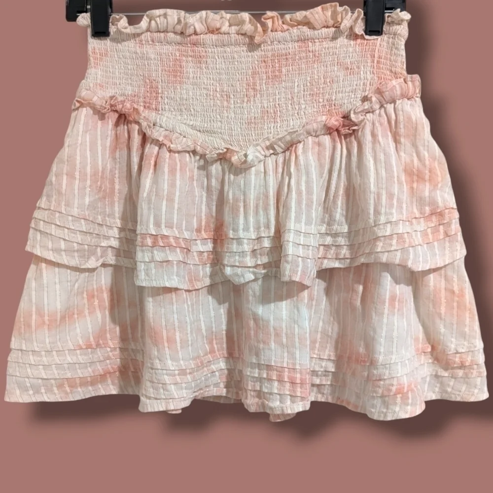 Cleobella Pink Tie-Dye Organic Cotton Smocked Tiered Ruffle Amber Mini Skirt